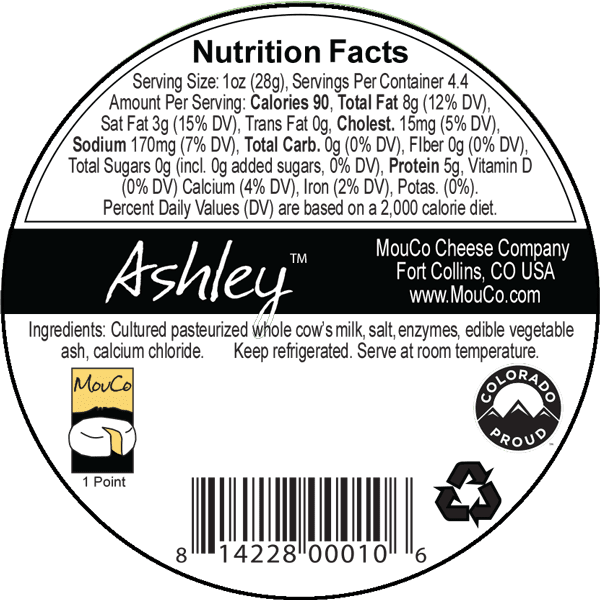 MouCo Ashley Cheese Nutritional UPC Label