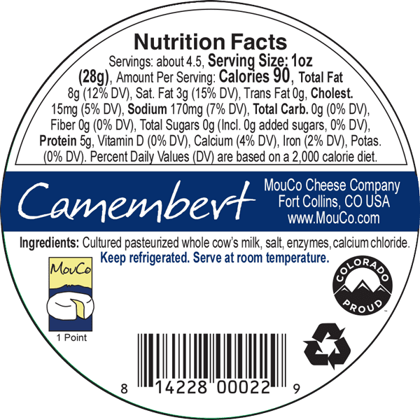 MouCo Camembert Cheese Nutritional UPC Label