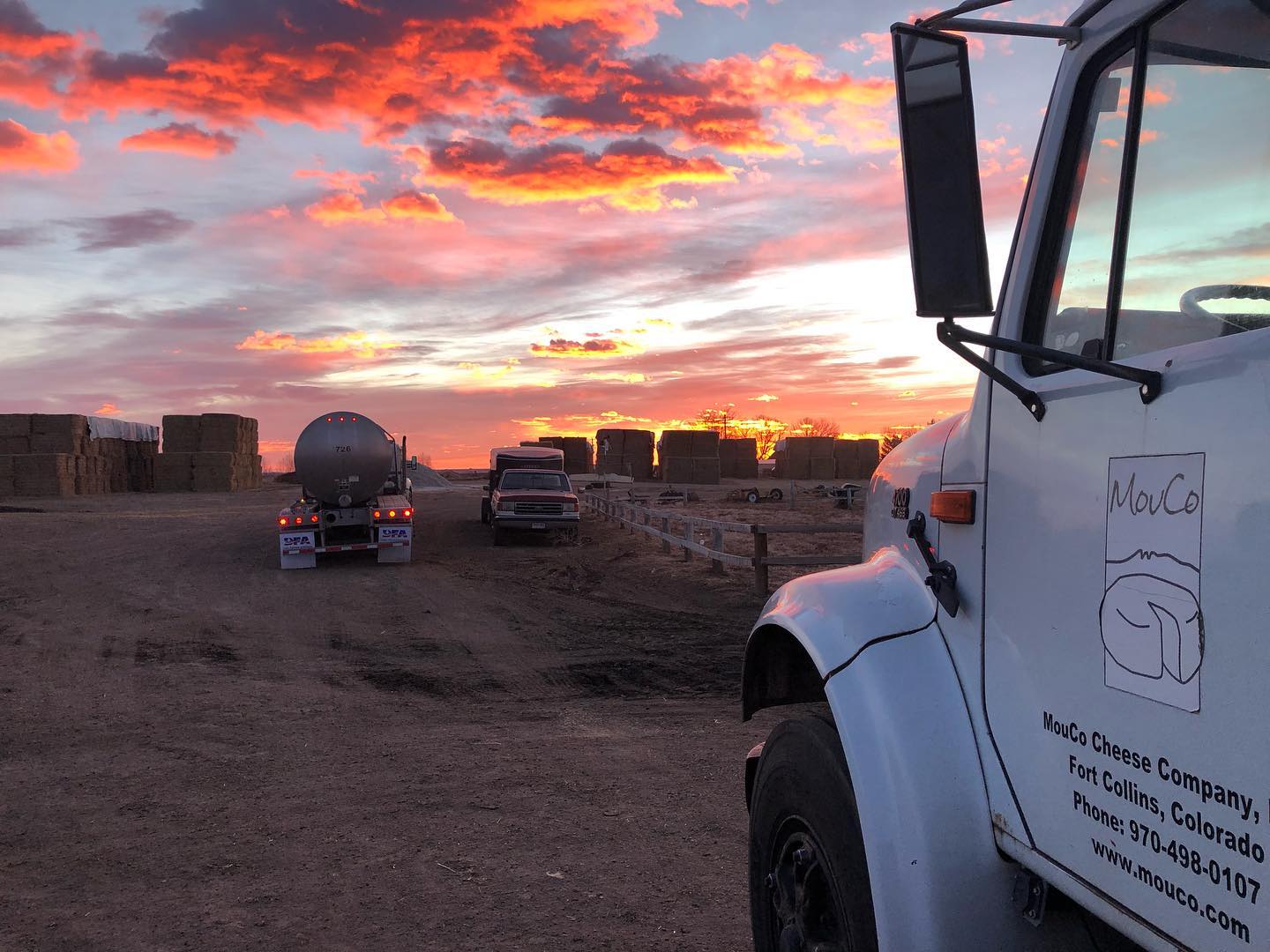 Chuck the MouCo milk truck picking up milk at La Luna dairy farm during sunrise.