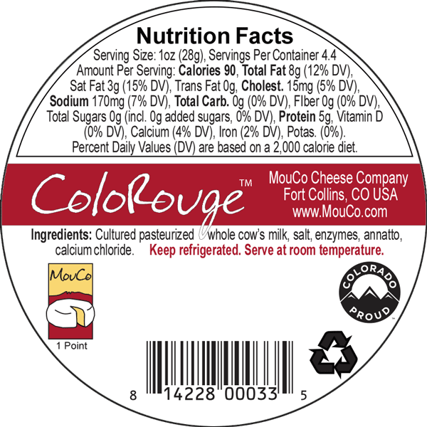 MouCo ColoRouge Cheese Nutritional UPC Label