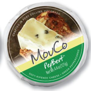 Close-up of the MouCo PepBert cheese label on a wrapped cheese.