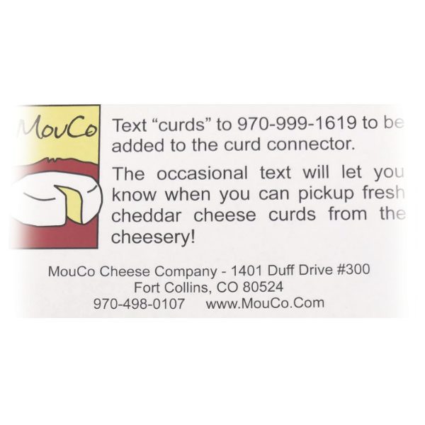 Back of MouCo Cheese business card promoting the Curd Connector program.