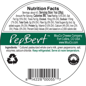 MouCo PepBert Cheese Nutritional UPC Label