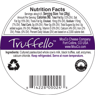 MouCo Truffello Cheese Nutritional UPC Label