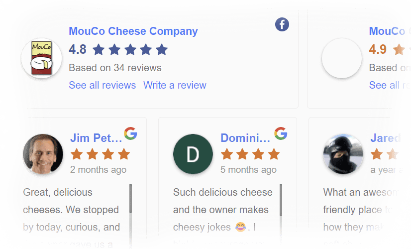 Customer reviews and ratings for MouCo Cheese showcasing positive feedback.