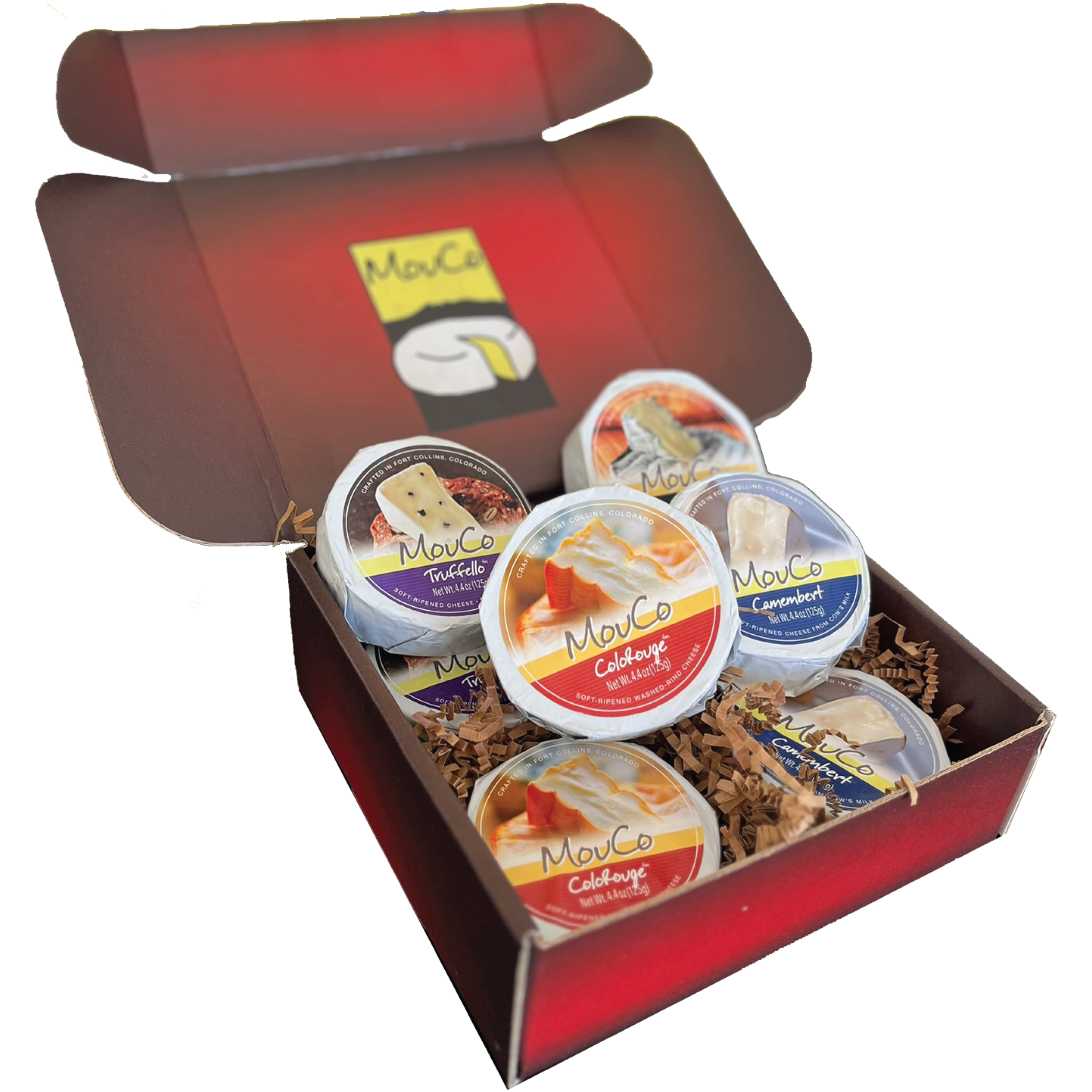 MouCo 8-pack cheese gift box in red and black custom packaging.