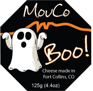 MouCo Boo® Cheese label with a simple ghost image on a black background, highlighting the cheese's Halloween theme with clean and striking imagery.