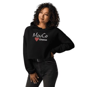 MouCo cheese love branded cropped hoodie in black