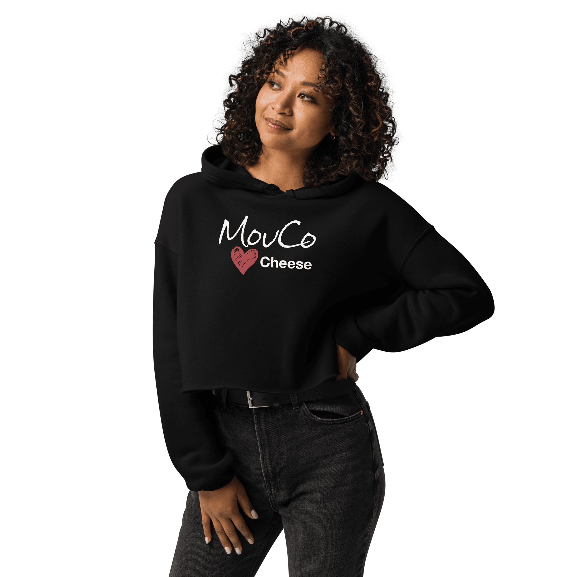 MouCo cheese love branded cropped hoodie in black