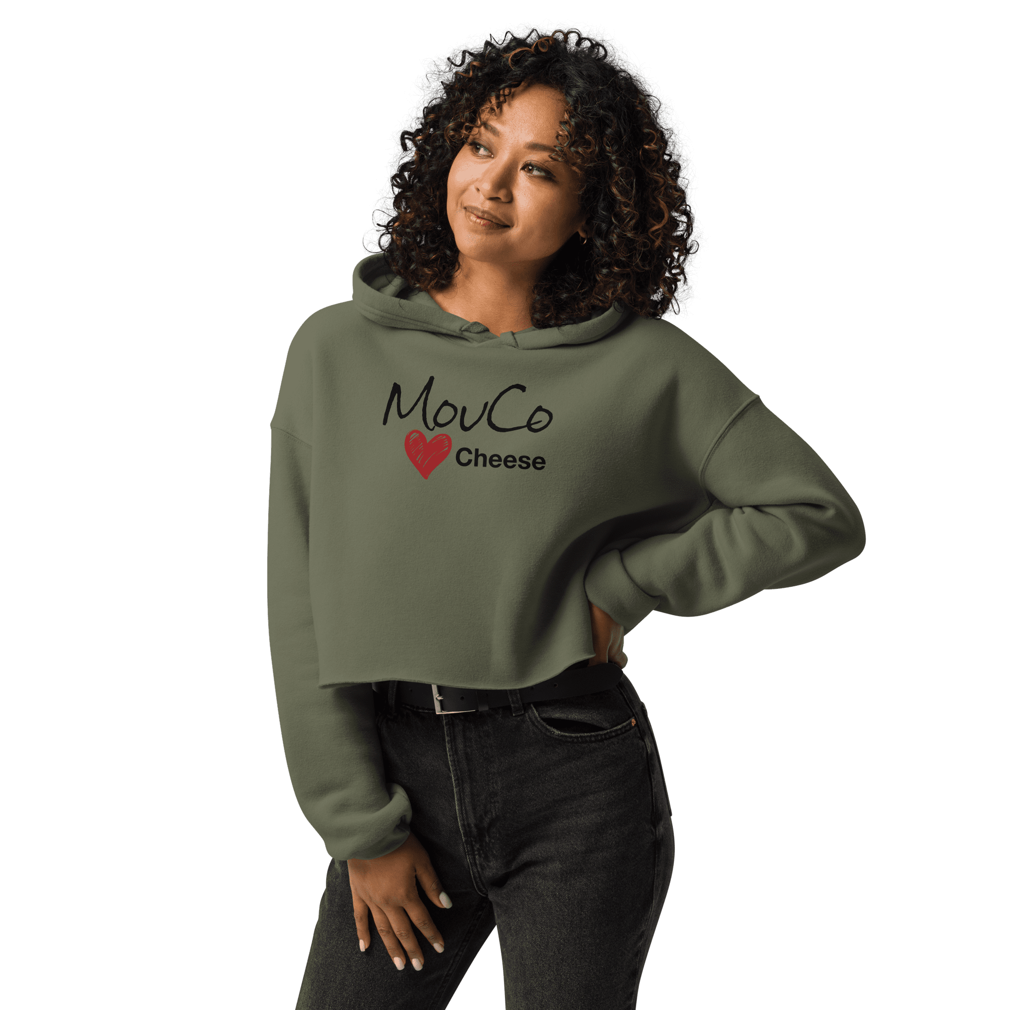 MouCo cheese love branded cropped hoodie in military green