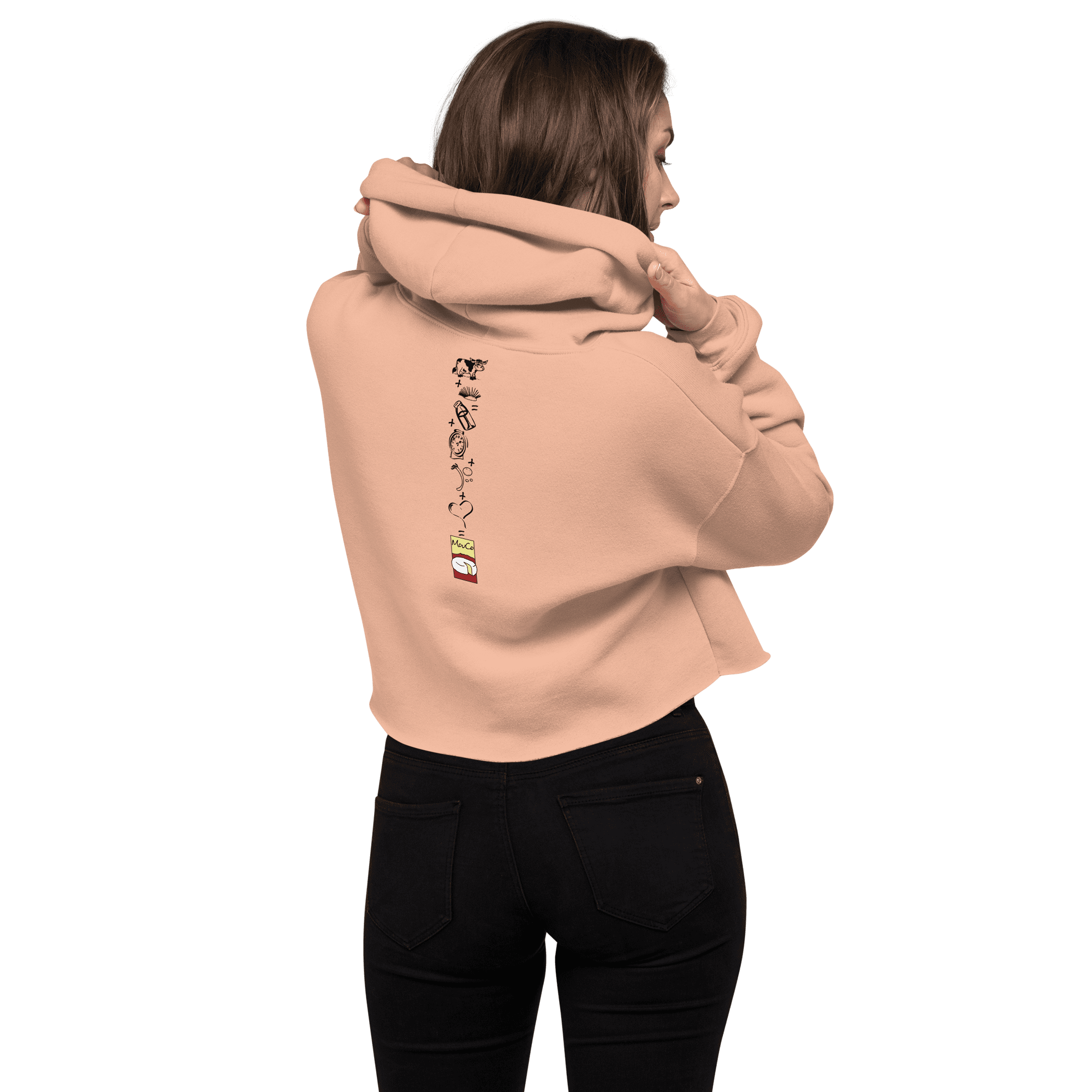 Back view of MouCo cheese love cropped hoodie in peach with secret cheese equation