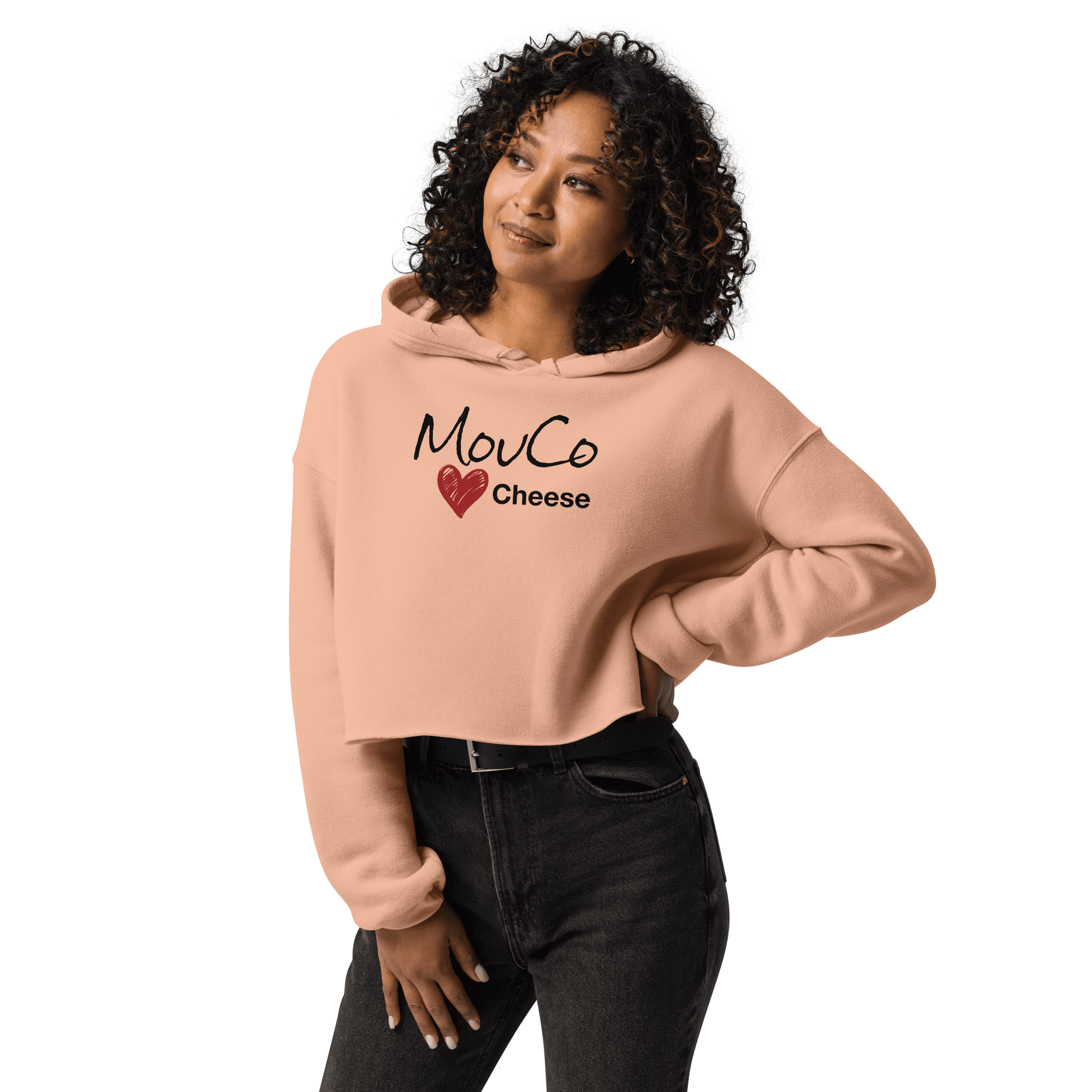 MouCo Cheese Love branded cropped hoodie in Peach.