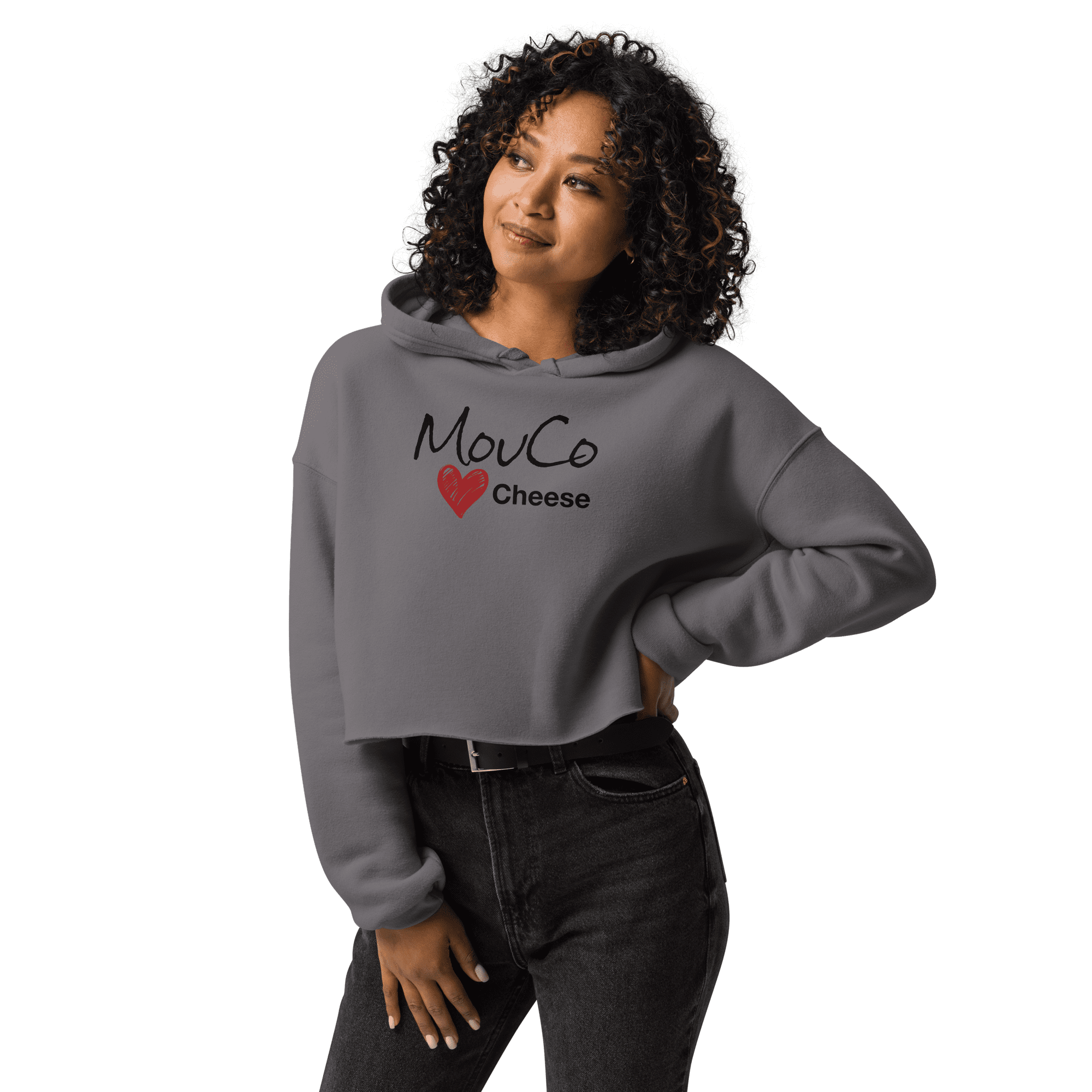 MouCo cheese love branded cropped hoodie in storm