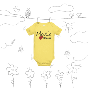 Front of Yellow Baby Onesie with MouCo Cheese Love Logo